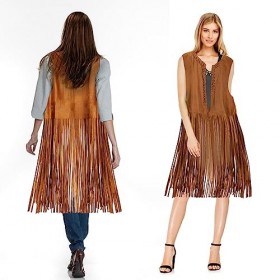 Punvot Costume hippie pour femme, tenue des années 90 et 80, franges, sans manches, gilet hippie pour femme, vêtements hippie