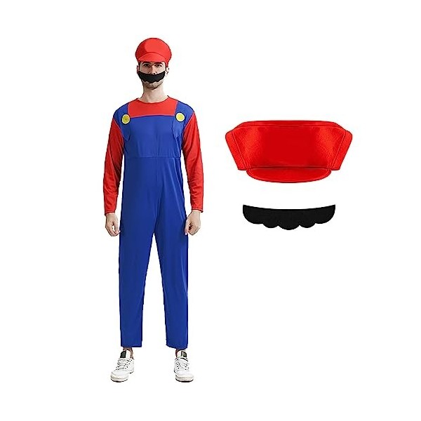 Déguisement de Super Mario Bros incluant une combinaison, des moustaches et une casquette, parfait pour carnaval, Halloween, 