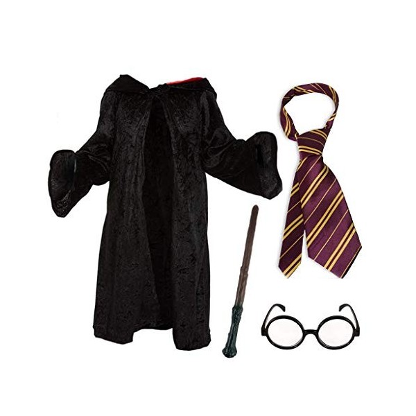 Fancy Dress Costume Sorcier pour Enfants: Cape sorcière + Baguette Magique + Cravate Scolaire + Lunettes Noires Rondes Moyen 