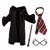 Fancy Dress Costume Sorcier pour Enfants: Cape sorcière + Baguette Magique + Cravate Scolaire + Lunettes Noires Rondes Moyen 