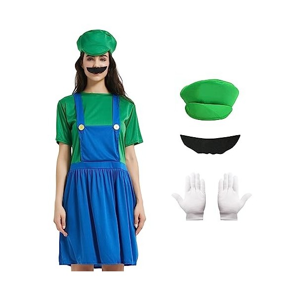 Formemory Costume Mario pour enfants et adultes, tenue de super plombier, cosplay Mario et Luigi avec chapeau et barbe, dégui