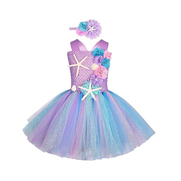 Déguisement Robe de Sirène pour Enfant Filles Ariel Princesse Entrejambe Fait Main Robe Tulle avec Bandeau Cosplay Xmas Anniv