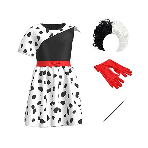 Cruella Deville Costume pour enfant fille Halloween Carnaval 101 Dalmatiens Cosplay Robe + perruque + gants + barre 5 pièces 