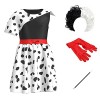 Cruella Deville Costume pour enfant fille Halloween Carnaval 101 Dalmatiens Cosplay Robe + perruque + gants + barre 5 pièces 