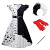 Cruella Deville Costume pour enfant fille Halloween Carnaval 101 Dalmatiens Cosplay Robe + perruque + gants + barre 5 pièces 