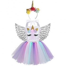 IEFIEL Déguisement Princesse Sirène Enfant Fille Robe Halloween Soirée Cérémonie Fête + Aile + Bandeau Licorne Fille Cosplay 