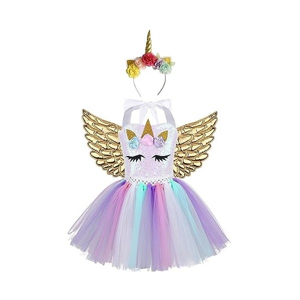 IEFIEL Déguisement Princesse Sirène Enfant Fille Robe Halloween Soirée Cérémonie Fête + Aile + Bandeau Licorne Fille Cosplay 