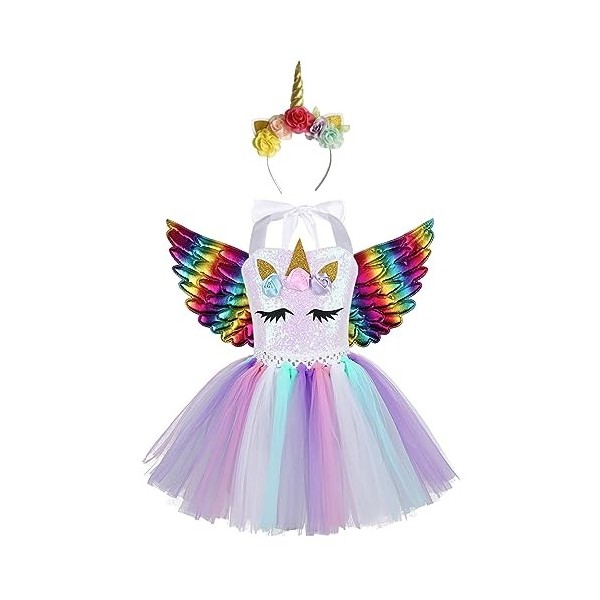 IEFIEL Déguisement Princesse Sirène Enfant Fille Robe Halloween Soirée Cérémonie Fête + Aile + Bandeau Licorne Fille Cosplay 