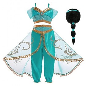 Eleasica Fille Aladdin Jasmine Princesse Cosplay Costumes 2pcs Ensembles Pantalons Conte de Fée Déguisement Bleu Respirant Ha