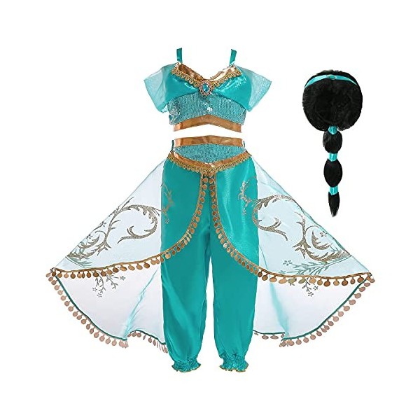 Eleasica Fille Aladdin Jasmine Princesse Cosplay Costumes 2pcs Ensembles Pantalons Conte de Fée Déguisement Bleu Respirant Ha