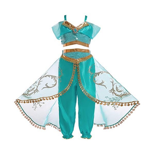 Eleasica Fille Aladdin Jasmine Princesse Cosplay Costumes 2pcs Ensembles Pantalons Conte de Fée Déguisement Bleu Respirant Ha