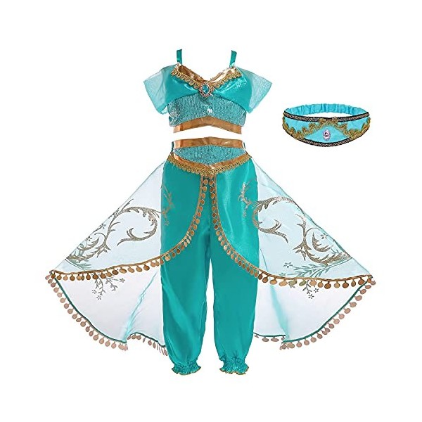 Eleasica Fille Aladdin Jasmine Princesse Cosplay Costumes 2pcs Ensembles Pantalons Conte de Fée Déguisement Bleu Respirant Ha