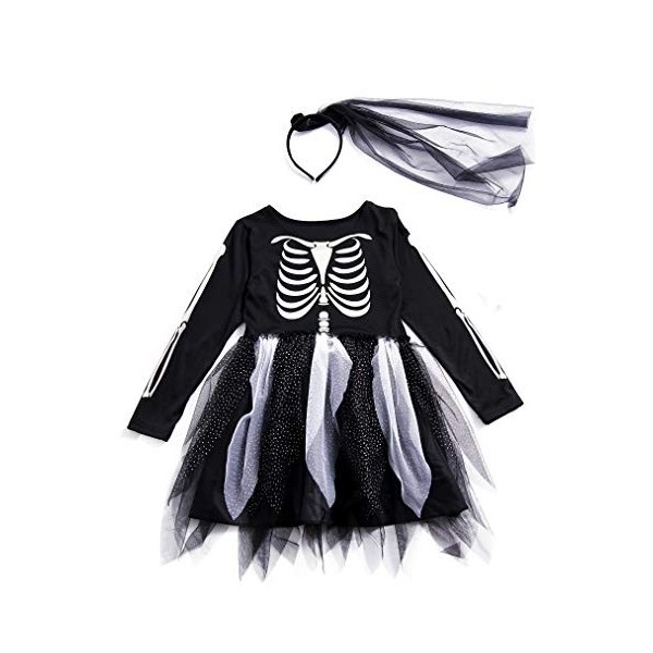 IKALI Costume de squelette pour enfant - Pour fille - Costume dHalloween - Robe effrayante - Manches longues - Pour fête de 