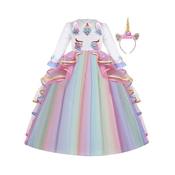 CinheyU Filles Déguisement Licorne Robe en Manches Longues pour Noël Halloween Canaval Costume de Cérémonie Anniversaire Fête