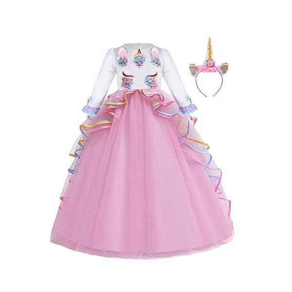 CinheyU Filles Déguisement Licorne Robe en Manches Longues pour Noël Halloween Canaval Costume de Cérémonie Anniversaire Fête