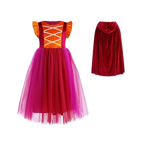 IDOPIP Deguisement de Sarah Sanderson Enfant Fille Hocus Pocus Costumes Mary Winifred Sanderson Sister Robe avec Cape À Capuc