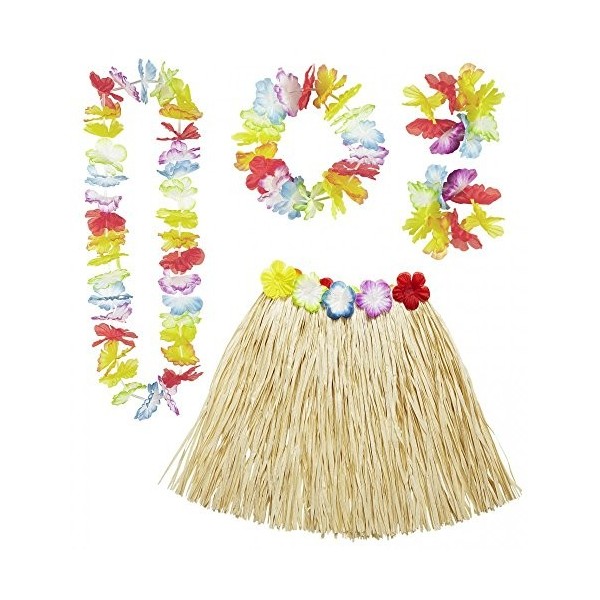 shoperama Hawaiian Costume Ladies Fancy Dress Party Hawaiian Hula Skirt Lei Bracelets Beach Jewellery