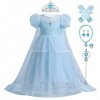 Robe Princesse Fille Elsa Déguisement avec Couronne Princesse Collier Ensemble Jupe Tulle Longue Robe Elsa Reine des Neiges p