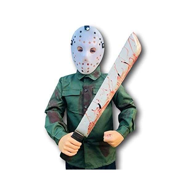 Jason VI Costume de tueur de lac en cristal, masque de hockey, machette sanglante et masque à capuche sanglante, accessoire d