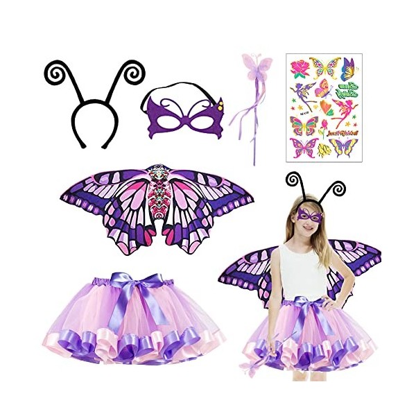 DASIAUTOEM Ensemble dailes de papillon, pour enfants avec masque, jupe en tulle, serre-tête, couronne de cheveux, vols de pa