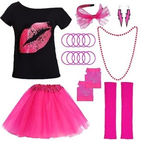 Ensemble daccessoires de costume des années 80 pour femme, t-shirt, tutu, bandeau, boucles doreilles, gants, colliers, perl