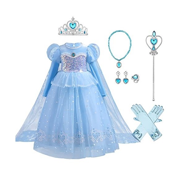 Odizli Elsa Costume pour fille - Robe princesse - Baguette magique - Couronne - Cape dHalloween - Noël - Carnaval - Cosplay,