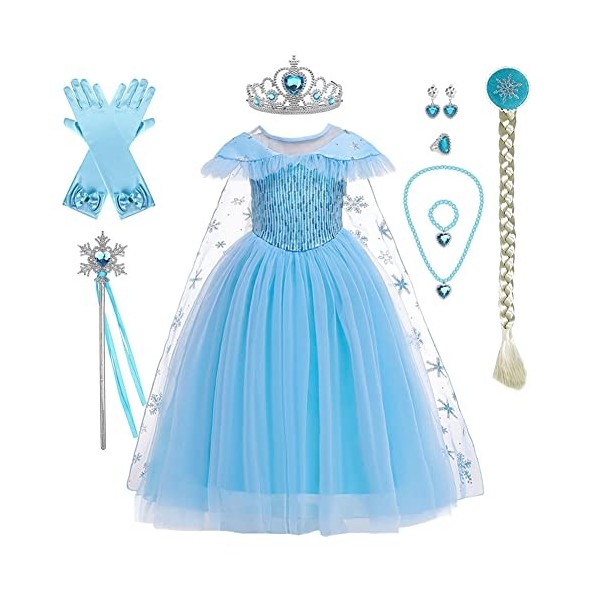 Odizli Elsa Costume pour fille - Robe princesse - Baguette magique - Couronne - Cape dHalloween - Noël - Carnaval - Cosplay,