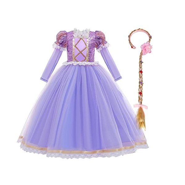 IDOPIP Fille Robe de Princesse Raiponce avec Accessoires, éguisement Princesse fille,Tulle Maxi Costume Carnaval Fille Hallow