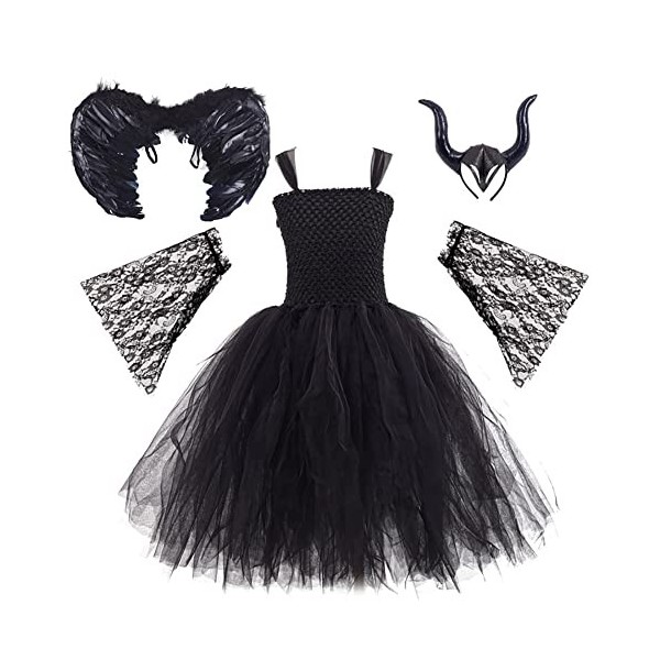 IBTOM CASTLE Filles Maleficent Costume Maléfique Déguisement Robes de reine de sorcière noire dHalloween avec des cornes ban