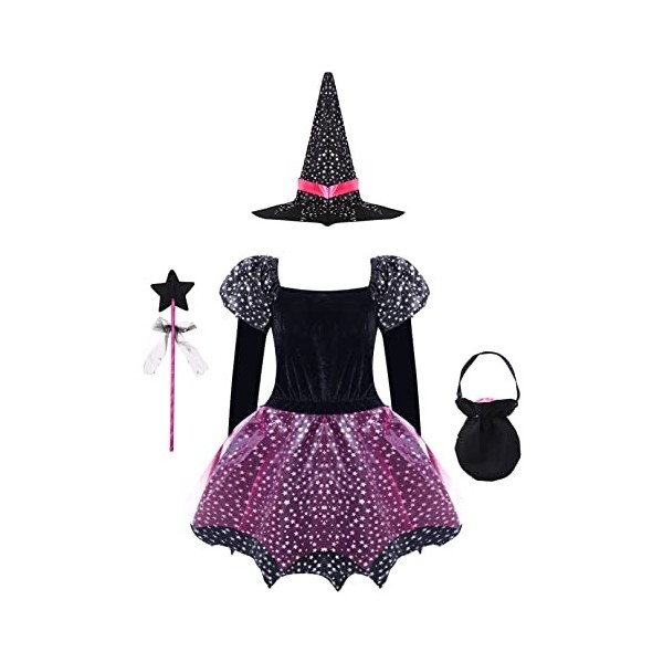 ranrann Déguisement Sorcière Fille Enfant Robe avec Accessoires Halloween Chapeau de Sorcière Sac à Bonbons Baguette Magique 