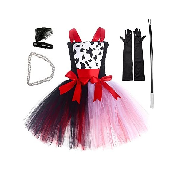 IWEMEK Déguisement Cruella Enfant Fille 101 Dalmatien Costume sans manches tricoté Tutu robe avec perruque gants accessoires 