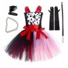 IWEMEK Déguisement Cruella Enfant Fille 101 Dalmatien Costume sans manches tricoté Tutu robe avec perruque gants accessoires 