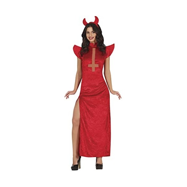 Fiestas Guirca Costume Diable Sexy - Robe Longue Rouge avec Ouverture de Jambe et Bandeau Cornes de Diable - Déguisement dHa