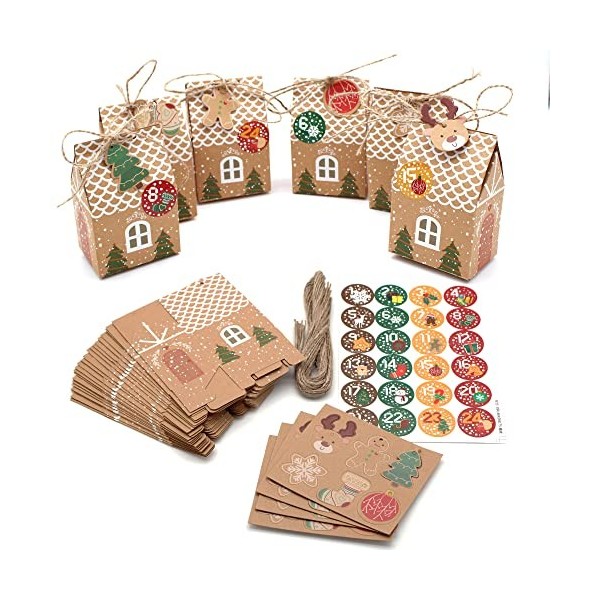 OLILLY - Calendrier de lAvent modèle 1 - Pack de 24 Maisons en Carton pour Attendre Noël - A Faire en Famille Carton Kraft 