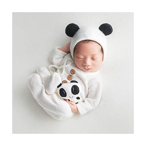 Lot de 3 accessoires photo pour bébé nouveau-né - Chapeau et poupée panda - Costume de séance photo - Tricoté - Vêtements et 