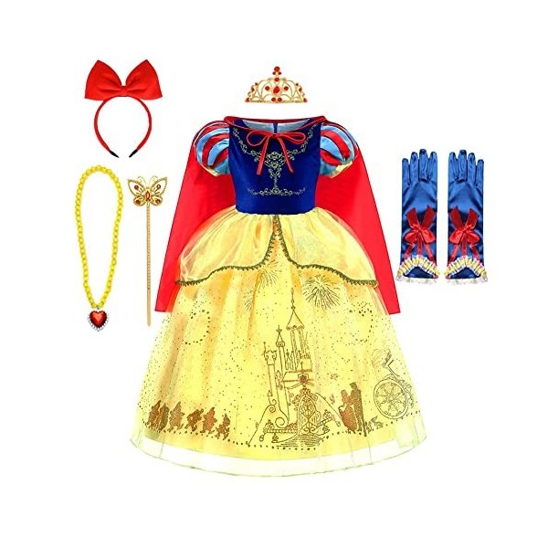 MYRISAM Filles Robe de Carnaval Princesse Costume de Blanche Neige avec Cape Conte de Fée Snow White Déguisements Cosplay Hal