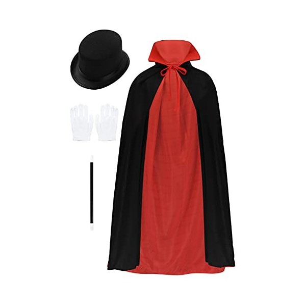 JanJean Costume Magicien Enfants Deguisement Sorcier Mage Tenue Halloween Manteau Cape + Baguette Magique + Chapeau + Gant 5-