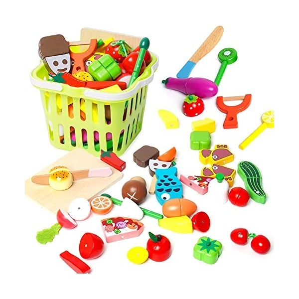 Lot de 30 jouets de coupe pour tout-petits - Jeu de rôle comprenant des fruits et légumes, un panier de rangement, un couteau