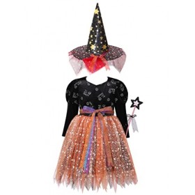 ranrann Déguisement Sorcière Fille Enfant Robe avec Accessoires Halloween Chapeau de Sorcière Sac à Bonbons Baguette Magique 