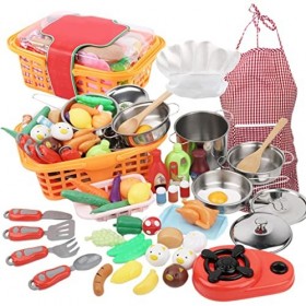 F Fityle Ensemble de Nourriture Cuisine de Jeu de 42 Pièces, Jeu de Cuisine avec Mini Ustensiles de Cuisine en Acier Inoxydab