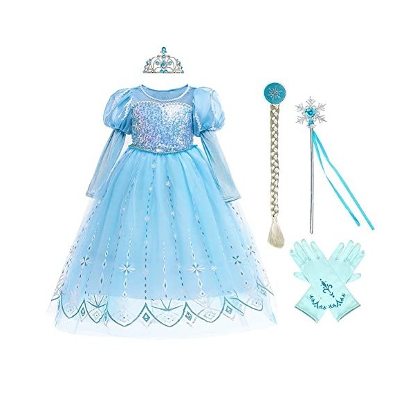 MYRISAM Filles Déguisement Robe Reine des Neiges Princesse Elsa Costume de Carnaval Halloween Cosplay Noël Robe de Soirée Cér