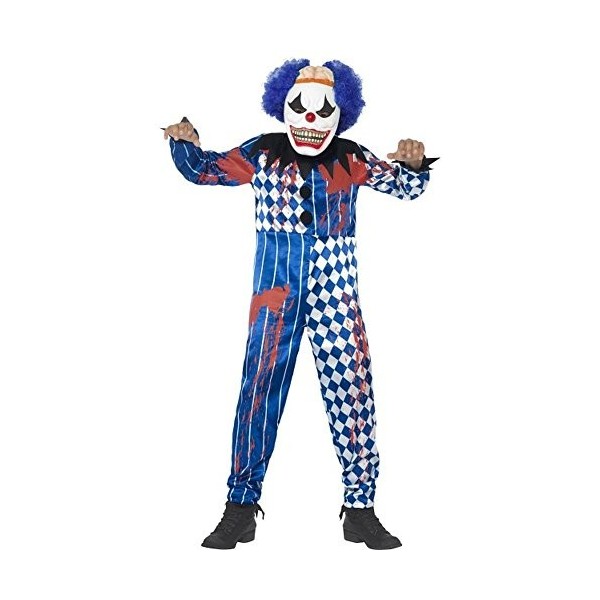 Smiffys Costume clown sinistre deluxe, avec combinaison, masque en EVA, cerveau, cheveu, M, Bleu