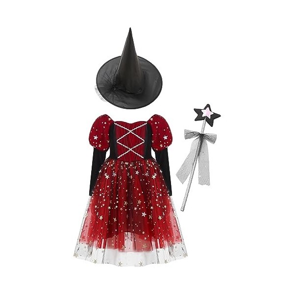 ranrann Déguisement Sorcière Fille Enfant Robe avec Accessoires Halloween Chapeau de Sorcière Sac à Bonbons Baguette Magique 