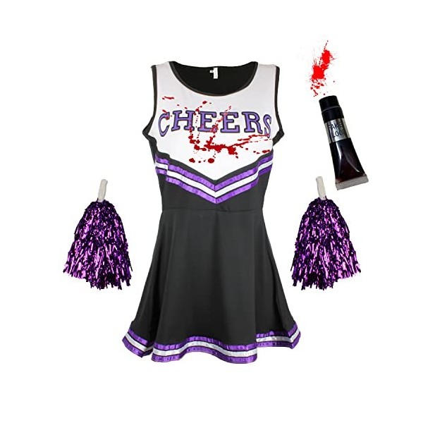 Costume de pom-pom girl zombie avec tube de sang pour femmes ou enfants, pour Halloween, violet, taille M