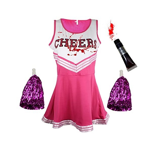 Costume de pom-pom girl zombie avec tube de sang pour femmes ou enfants, pour Halloween, violet, taille M