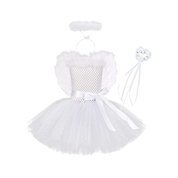 IDOPIP Déguisement Ange Fille Enfants Ange Tutu Robe + Bandeau Ange Halo + Baguette Magique + Ailes De Plumes 4 PCS Tenues po