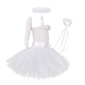 IDOPIP Déguisement Ange Fille Enfants Ange Tutu Robe + Bandeau Ange Halo + Baguette Magique + Ailes De Plumes 4 PCS Tenues po