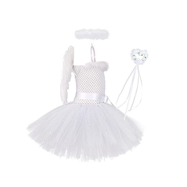 IDOPIP Déguisement Ange Fille Enfants Ange Tutu Robe + Bandeau Ange Halo + Baguette Magique + Ailes De Plumes 4 PCS Tenues po