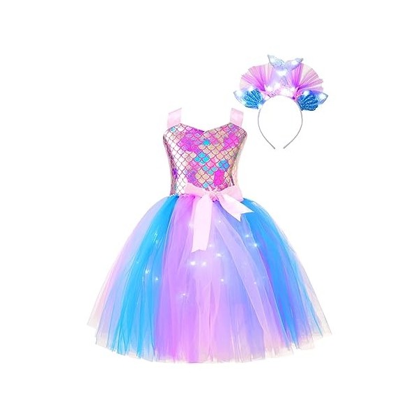 Oyolan Déguisement Sirène Fille Enfant Princesse Robe Lumineuse LED Serre-Tête Bandeau Cosplay Halloween Carnaval Fête Annive