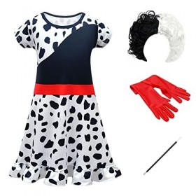 Cruella Deville Costume enfant fille Halloween Carnaval 101 Dalmatien Cosplay Habillent Robe+perruque+gants+La barre 5 pièces